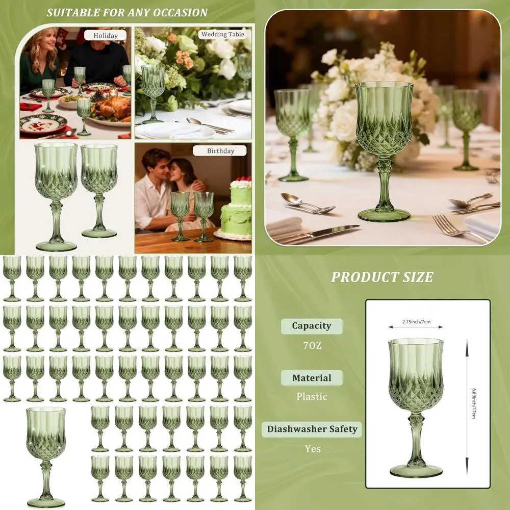 

7oz Green Plastic Champagne Glasses, Unbreakable Lutes for Wine, Ideal for Valentine's Day, Weddings, and Parties