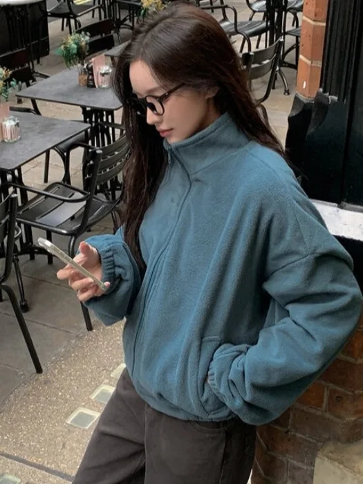 Felpa coreana Sle Lazy Autunno Inverno Casual Faion Stand Colletto Jaet Felpa da donna versatile e calda dal design Fce