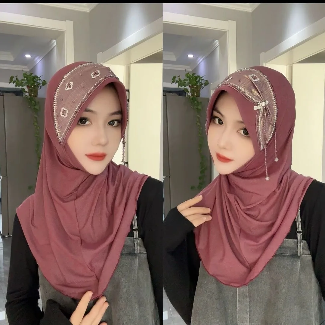 

Saudi Hijab Femme Musulman Beading Voile Instant Hijab Scarves