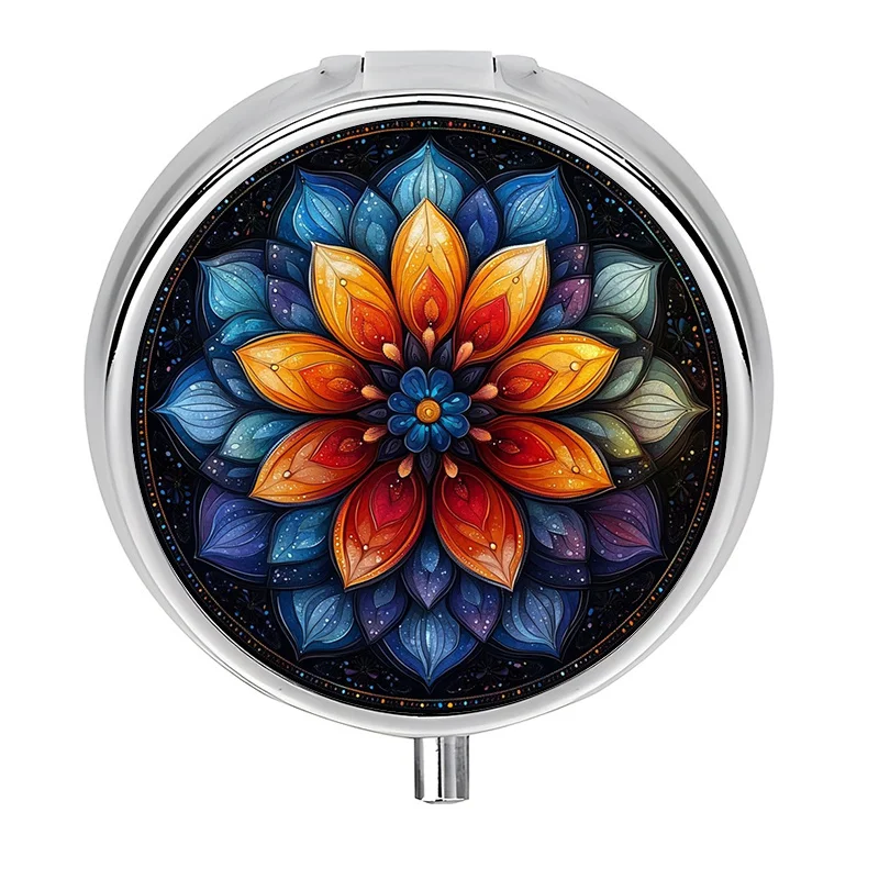 1 portable travel pill box with 3 compartments, mandala art-themed mini pill box, pill storage case, pill box for handbag, a perfect and unique gift for travel and vitamin storage