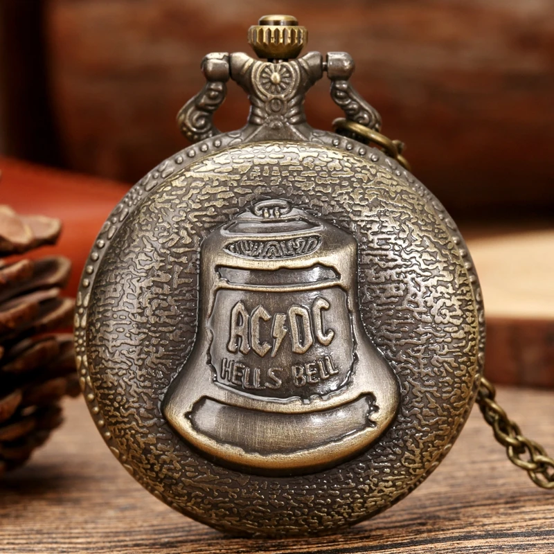 Bronze Pocketwatch Vintage ACDC Hells Bell Theme Quartz Pocket Watch Necklace Pendant For Men Children Gifts masculino relogio