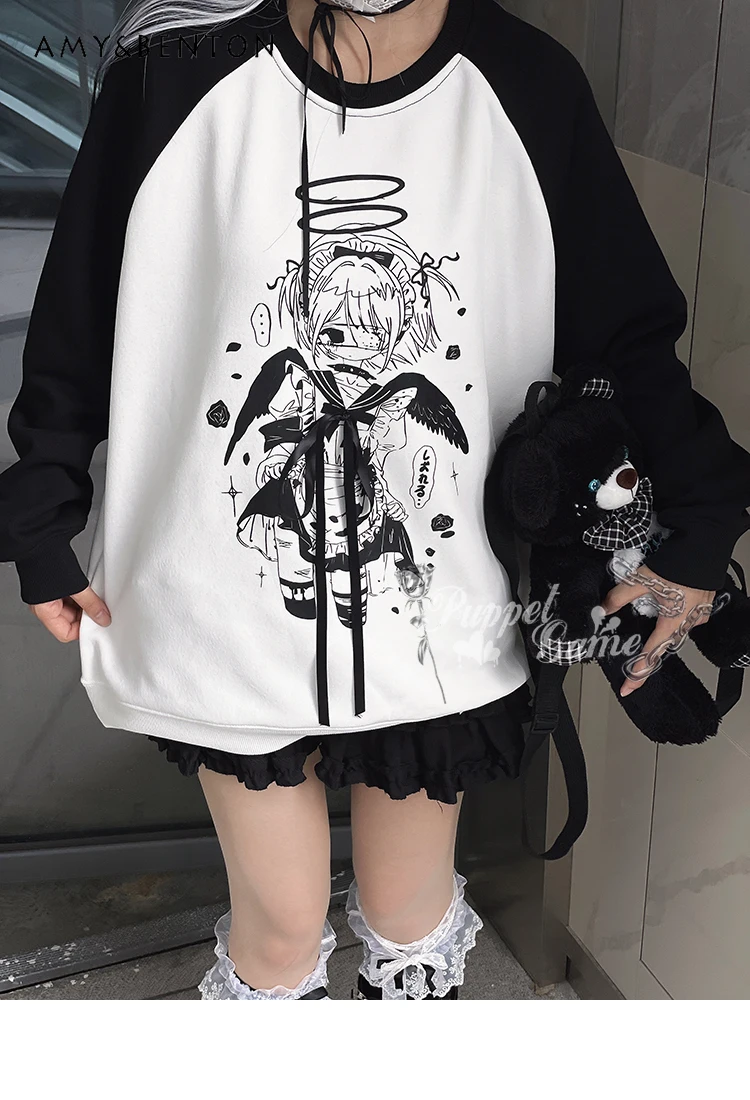 

Subculture Animation Japanese Long-sleeved Crew Neck Top Spring Summer Loose Black and White Printed Casual Sweatshirt Women