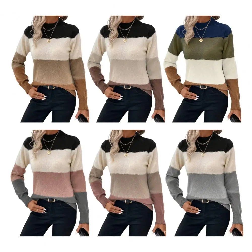 

Woman Casual Color Block Striped Sweater Round Neck Lantern Long Sleeve Knitted Tops for 2025 Autumn Winter Women Clothes