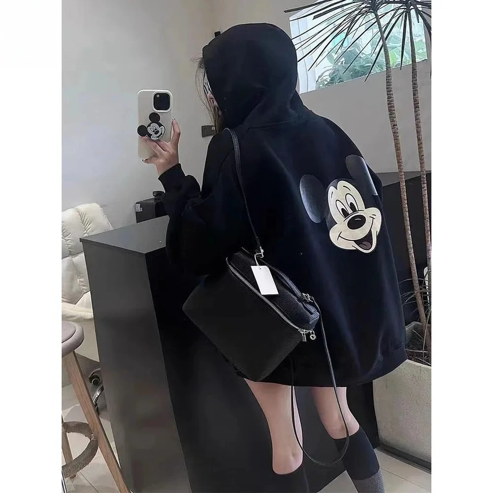 

Mickey Mouse Cartoon Print Black Hooded Sweater Women's Autumn and Winter Loose and Thin Versatile Long-sleeved Top