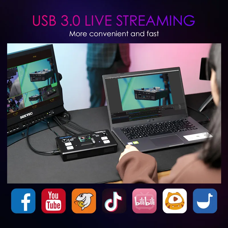 

2025 НОВИНКА L1 V1 4 входа HDMI USB3.0 Прямая трансляция Многоформатный видеомикшер Переключатель Дистанционное управление