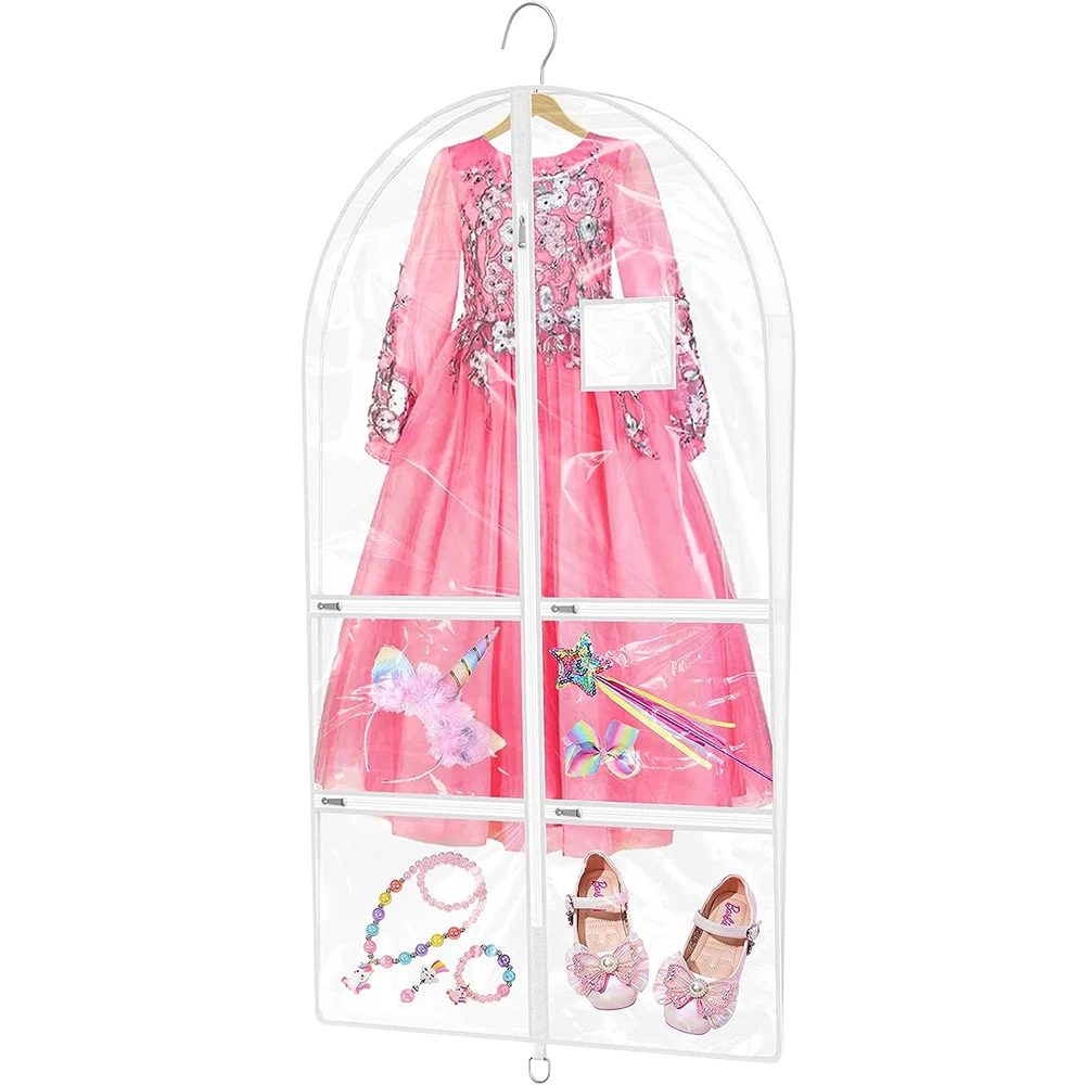 

Garment Bags for Dance Costumes 40 inch PVC Waterproof Clear Kids Hanging Dance Dress Bag for Dance Competition with Pockets