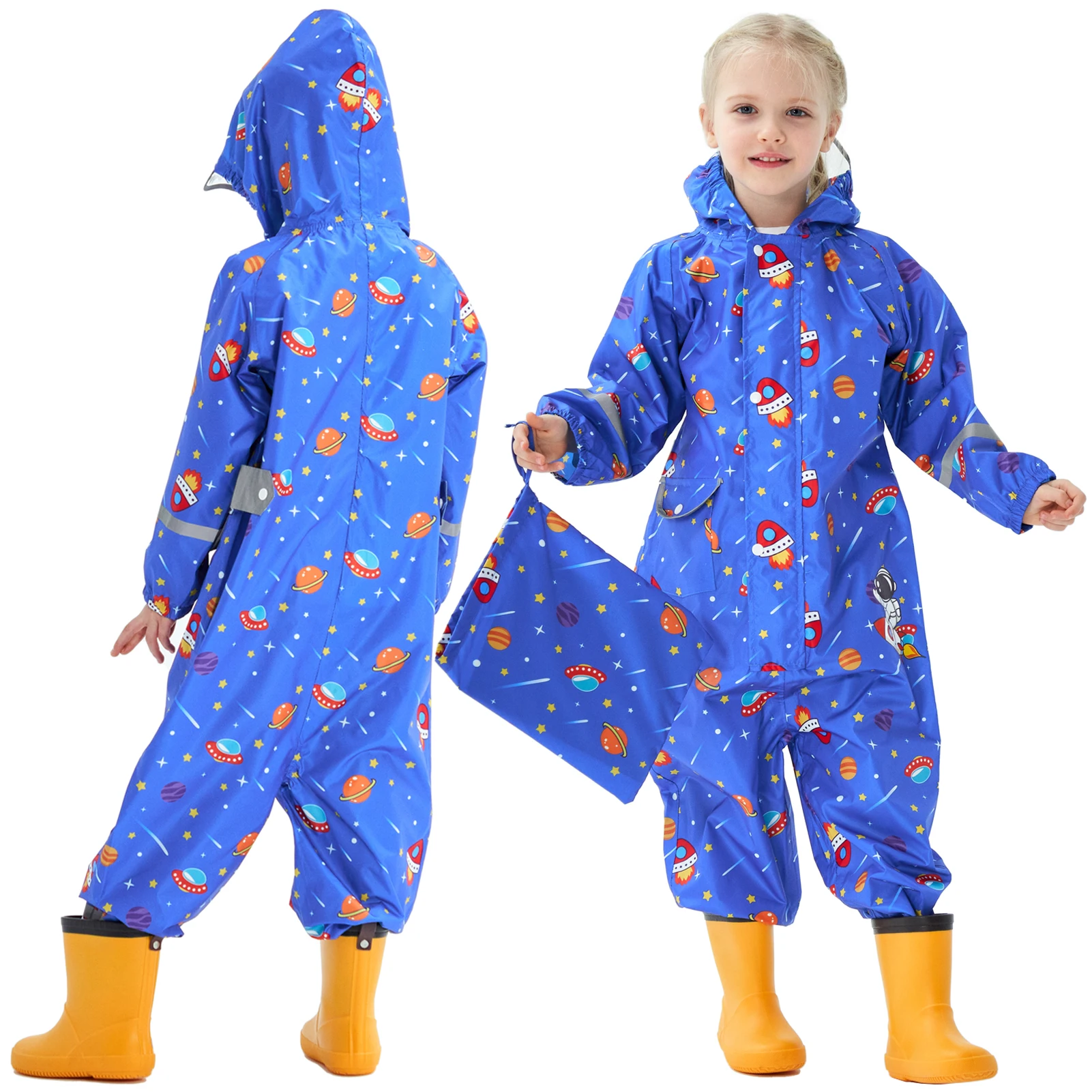 LPATTERN Kids Rain Suit Hoodie Waterproof Baby Boys Girls Cartoon Print Jumpsuits One-Piece Raincoat Children\'s Rainwear