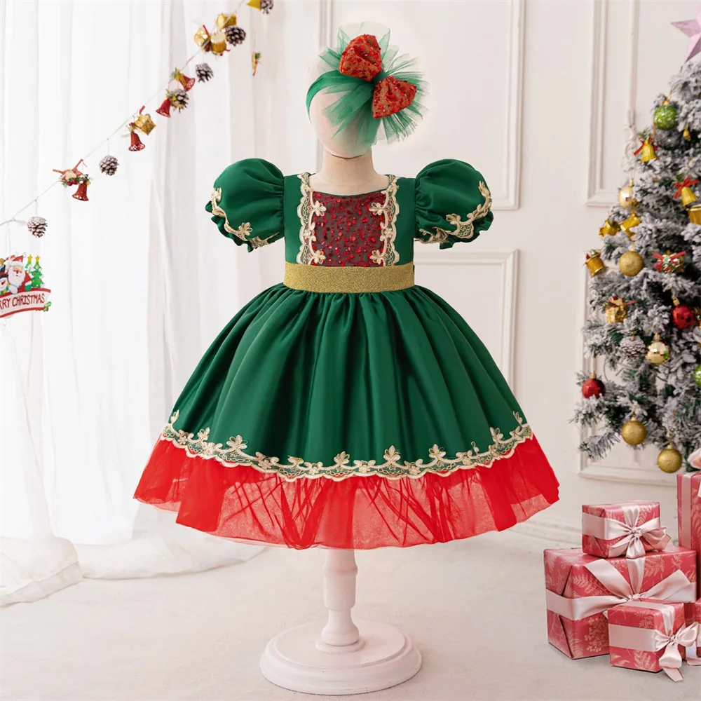 2pcs Sets Christmas Floral Party Dress Girls Green Lace Carnival Costume Kids Christening Fluffy Lolita Gown Young Flash Clothes