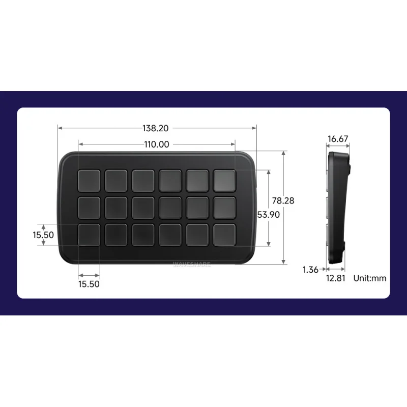 SKU-32839 Waveshare Waveshare SK18 لوحة تحكم صوتية متعددة الوظائف AI، على متن 18 × مفاتيح ماكرو LCD غشائية، تدعم Linux