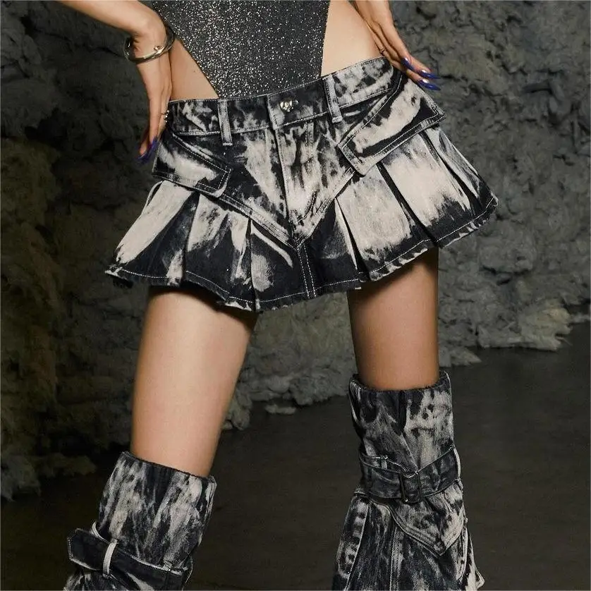 

Denim Tie Dye Pleated Dress Mini Skirt Cargo Jean Sexy Y2K Streetwear 2024 Women Summer Clothes High Waist Short Cute Skirts