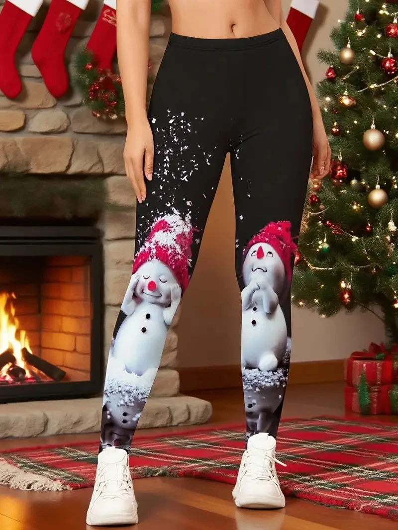 3D プリント雪だるまグラフィックヨガパンツ女性のファッション快適なハイウエストレギンス屋外ランニングスポーツフィットネス弾性パンツ