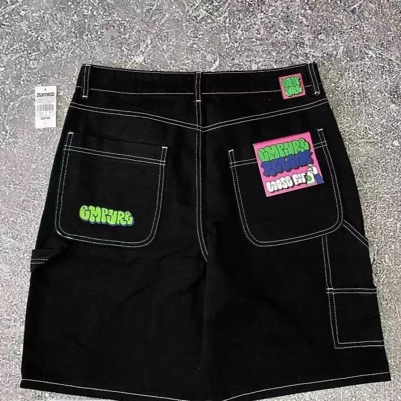 

Loose Fit Embroidered Denim orts Multi-ket Workwear Sle American Hip Hop Streetwear Five-Quarter Length Casual Trousers