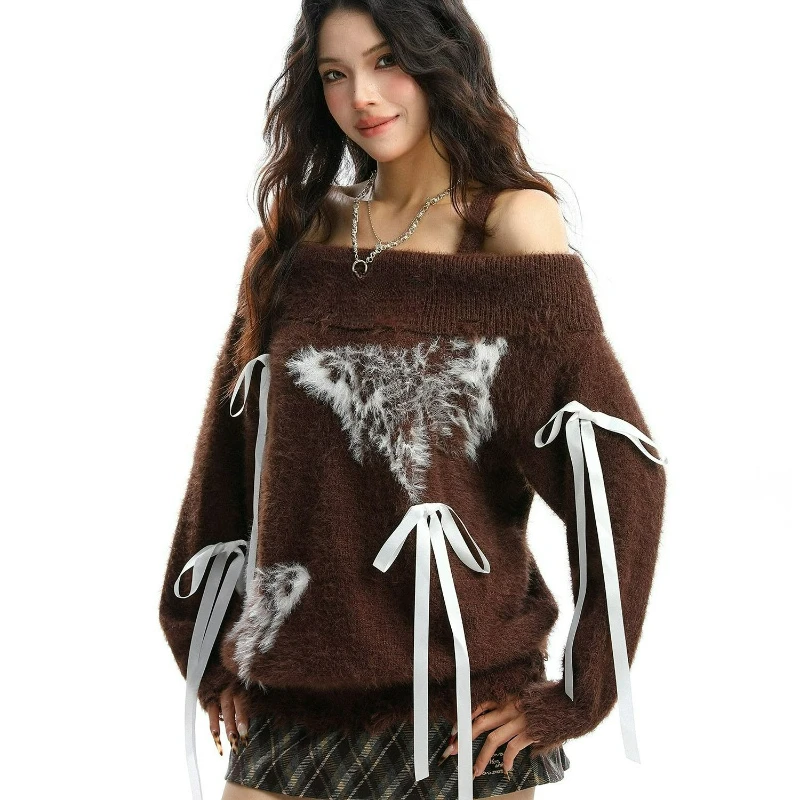 

American Retro Butterfly Jacquard One-shoulder Knitted Sweater for Women 2026 Winter New Fashion Off-the-shoulder Loose Warm Top