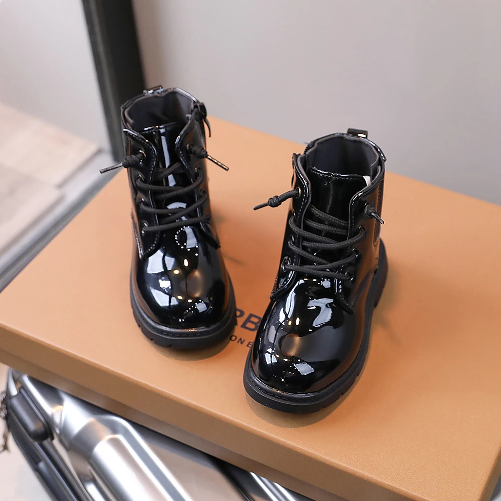 COMFY KIDS Toddler Black Patent Leather Chelsea Side Zipper Ankle Boots Soft Non Slip Rubber Sole Kids Leather Shoes