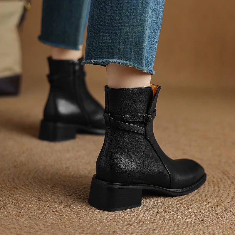 Stivali da donna invernali scarpe in vera pelle per donna scarpe con tacco grosso con punta quadrata stivali Chelsea con cerniera scarpe Casual nere