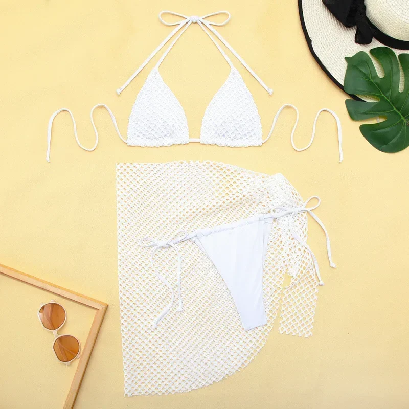 Costume da bagno bikini a tre pezzi in rete divisa tinta unita da donna