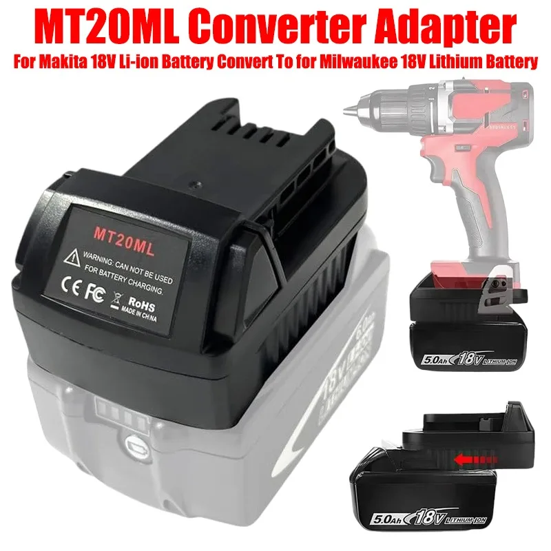 Battery Converter for Makita 18V Li-Ion Battery,Black New MT20ML Battery Adapter for Milwaukee 18V Cordless Power Tools