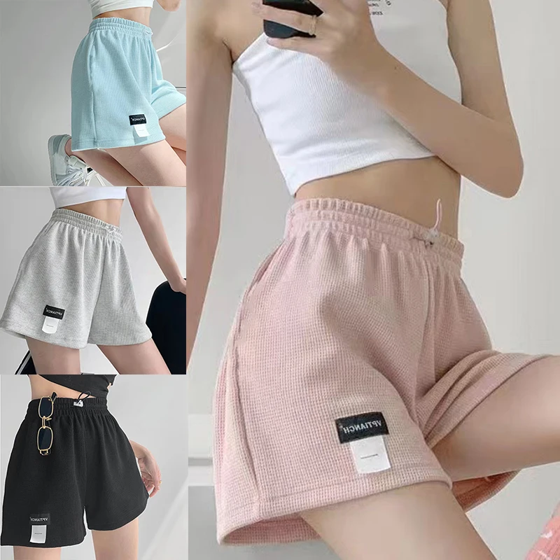 Women\'s Letter Label Shorts High Waisted Sports Shorts Loose Bottoms Casual Aesthetic Elastics Shorts Female Solid Homewear