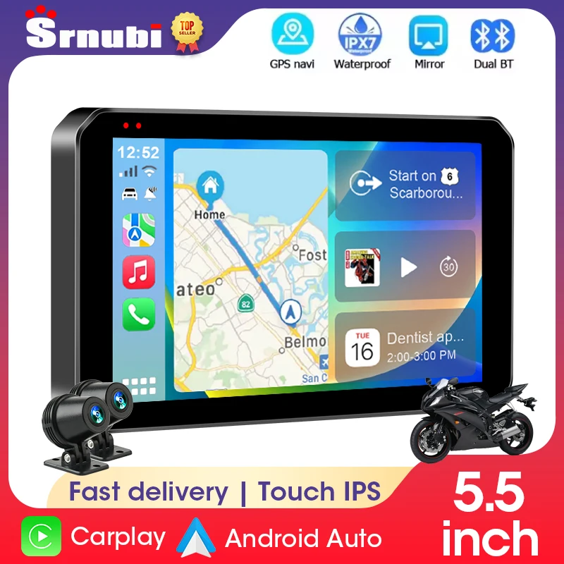 

5,5-дюймовый 2K мотоциклетный видеорегистратор с GPS-навигацией, беспроводной CarPlay и Android Auto, двойной Bluetooth-монитор для мотоцикла, поддержка IPX7, водонепроницаемый