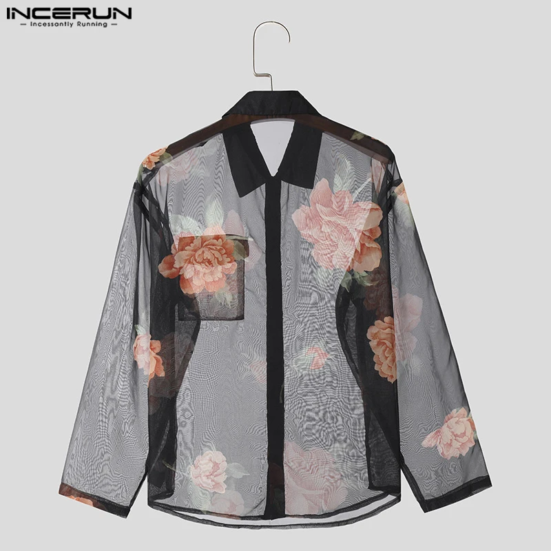 INCERUN Tops 2024 American Style Men\'s Chiffon Printed Pattern Shirts Sexy Male See-through Thin Long Sleeved Lapel Blouse S-5XL