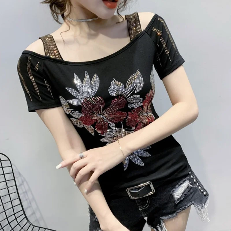 

#5387 Summer Black Off Shoulder T Shirt Women Flower Diamonds Sexy Black T-Shirt Femme Tight Short Sleeve T-shirts Hollow Out