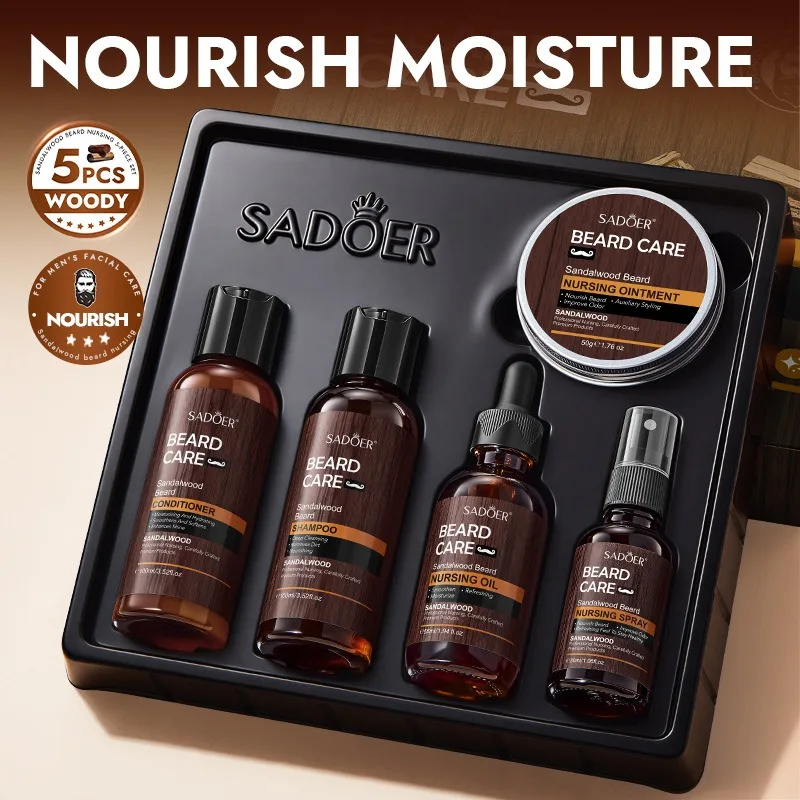 Sandalwood Beard Care Kit 5 in 1 - 5PCS Beard Grooming Set with Shampoo Conditioner Oil Ointment Spray, Beard Softener for Men
