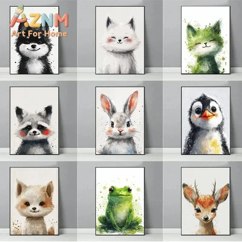 Cute Animal Monochrome Tones Kitten Owl Penguin Rabbit Wall  Minimalist Print Canvas Painting Posters for Modern Home Decor