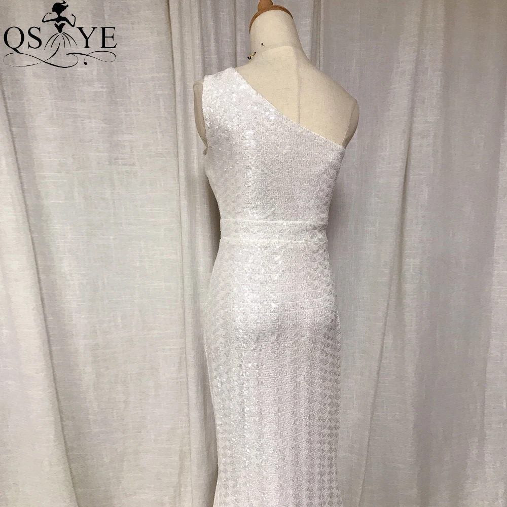 One Shoulder White Sequin Wedding Dresses Mermaid Bridal Gown Fit Bride Prom Dress Without Split Women Marriage Wedding Gown New