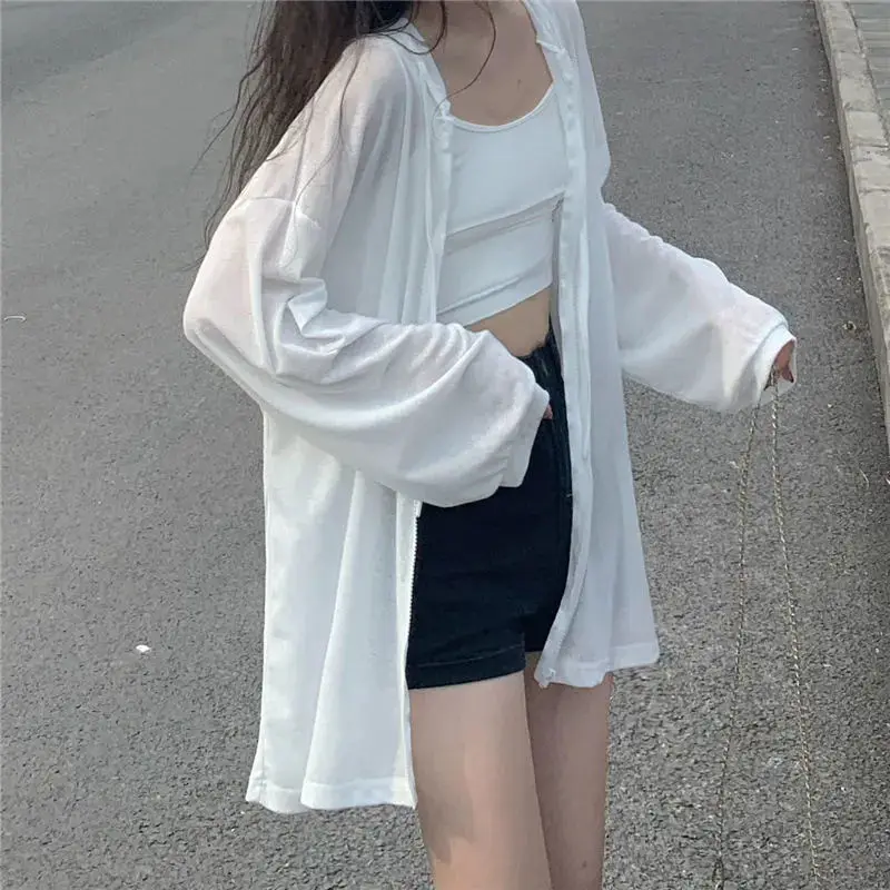 

Thin Hooded Solid Cardigan Summer New Long Sleeve White Loose Simplicity Korean T Shirt Tops Street Casual Fashion Women Clothes