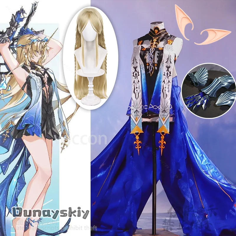 Wuthering Waves juego Cosplay Fleurdelys Big Cartethyia alta calidad seda azul elegante cola vestido largo pelucas Anime personalizado