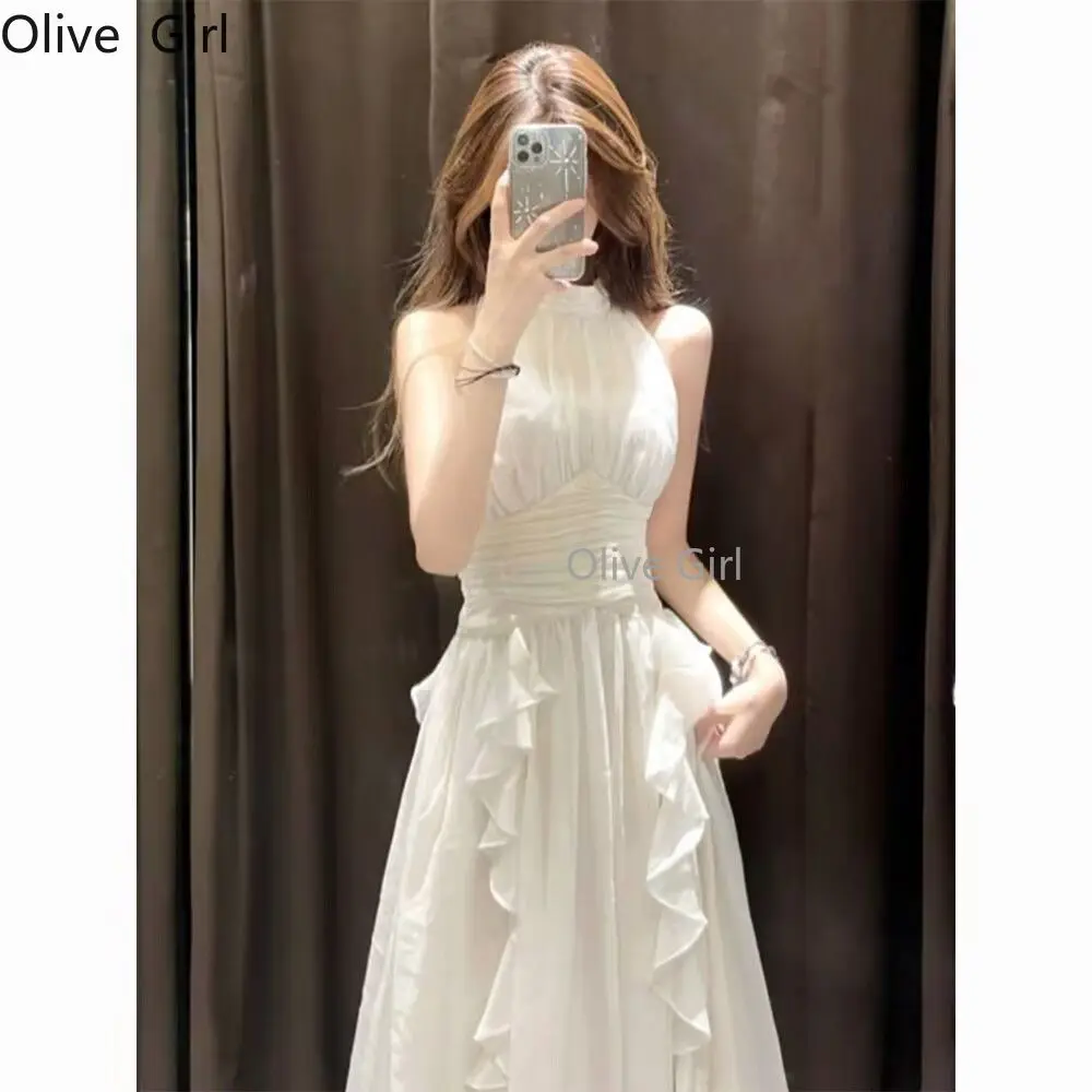 

Long White Dress 2025 Summer New Hanging Neck Dress for Women Elegance Lotus Leaf Edge Floating Dress Sleeveless Bodycon