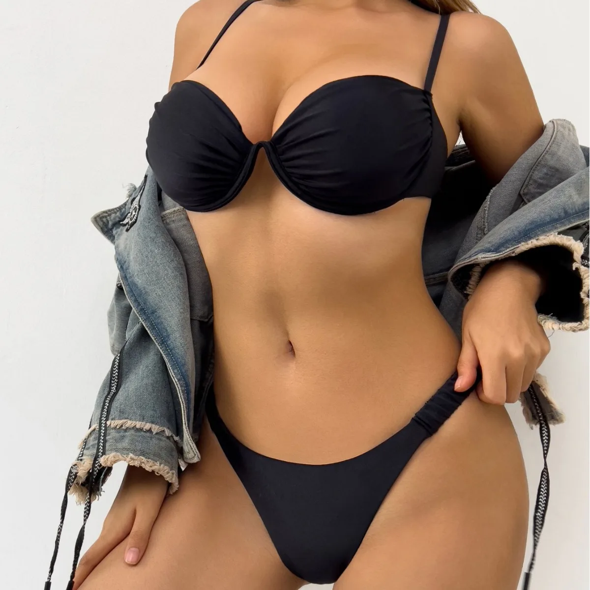 2024 Women's Bikini New Swimwear Women's Strap Steel Bracket Solid Color Swimsuit