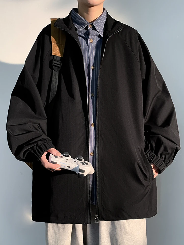 

Black Slim Fit Stand Collar Jacket Men's Autumn Thin Workwear Style Zipper Closure Pure Color Cityboy Windbreaker Coat