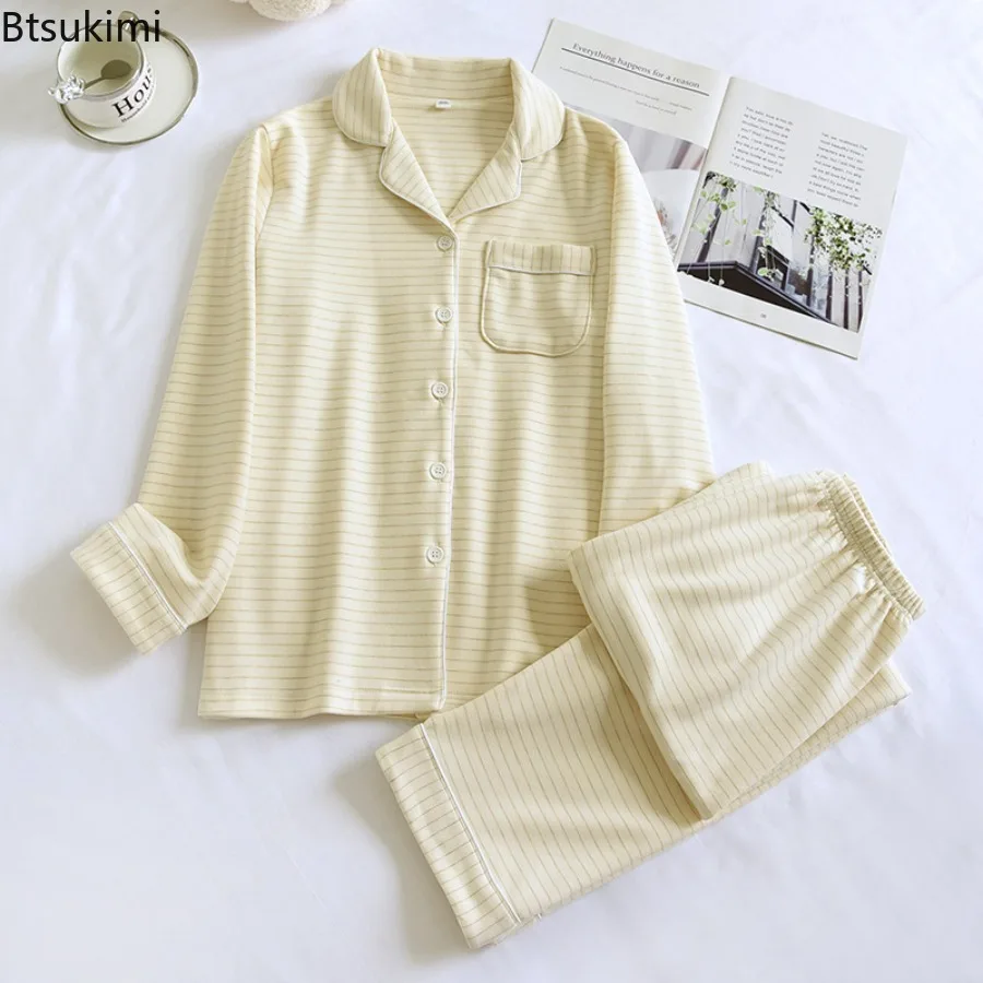 New 2025 Autumn and Winter Women's Pajama Set Long Sleeve Long Pants Two Piece Set Striped Velvet Warm Thick Home Clothes Ladies