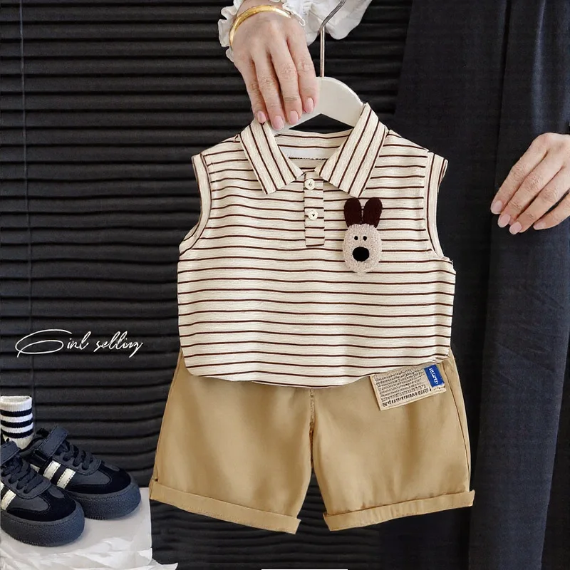 

2025 Summer Baby Boy Clothes 12 To 18 Months Cartoon Rabbit Striped Turn-down Collar Sleeveless Vest Tops and Shorts Kids Outfit