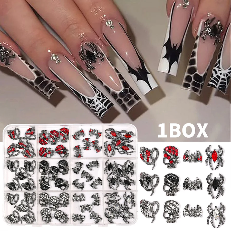 3D Gothic Multiple Style Alloy Spider Snake Nail Art Charms Creative Red Black White Crystal Bat Halloween Nail DIY Decorations