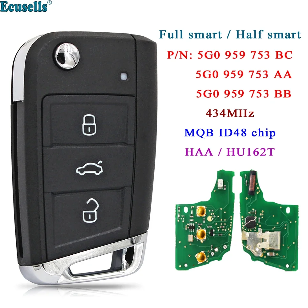 MQB System Smart Remote Key 434Mhz ID48 Chip for  Golf 7 GTI for Skoda Octavia A7 FCC: 5G0 959 753 BC/AA/BB with HU66/HU162T