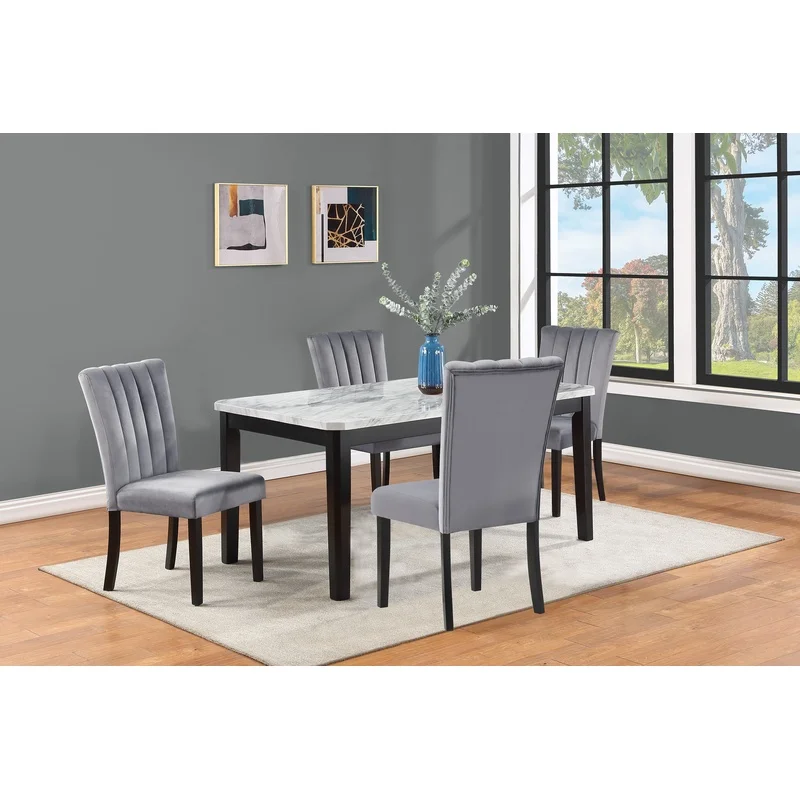 

5-Piece Contemporary Dining Set with Rectangular Faux Marble Top, Black Finish, Upholstered Chairs with Channel Tufting, Solid Wood Frame