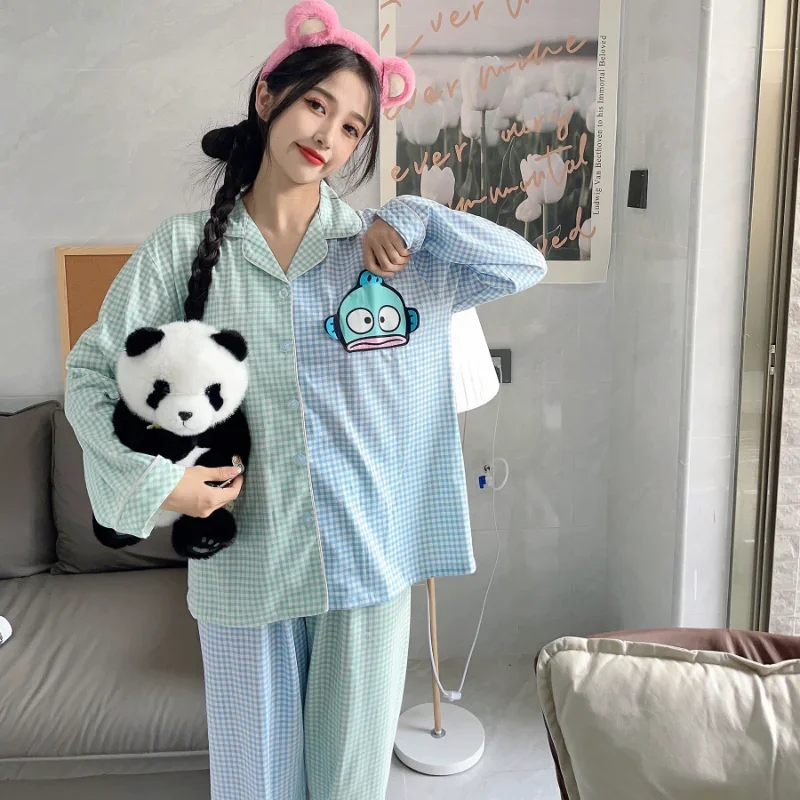 Sanrio Hanton half-fish people autumn new pajamas women's pure cotton contrasting color plaid cute ugly fish loungewear