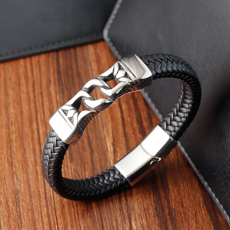 Vintage Stainless Steel Totem Jewelry Hip-Hop Genuine Leather Weave Viking Bracelet for Men Party