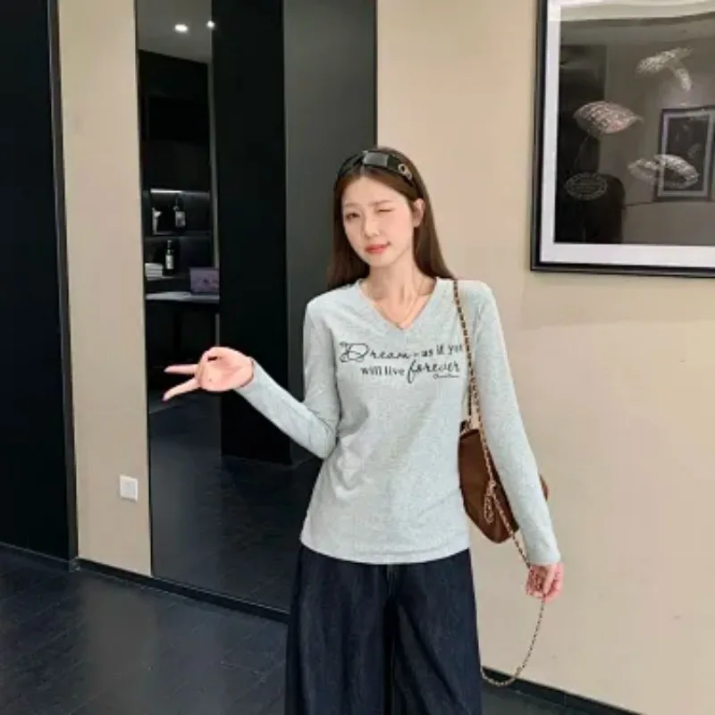 Women Square Neck Letter Print Long Sleeve T Shirt Brushed Thick Slim Fit Casual American Style Tops For Autumn Winter