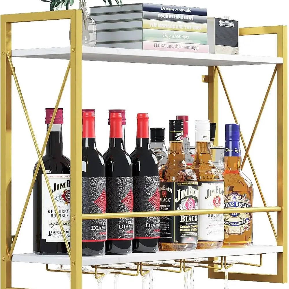 

Industrial Style 2-Tier Wall-Mounted Wine Rack - Rustic Wood and Iron Frame for Kitchen, Dining, Home Bar (Gold)