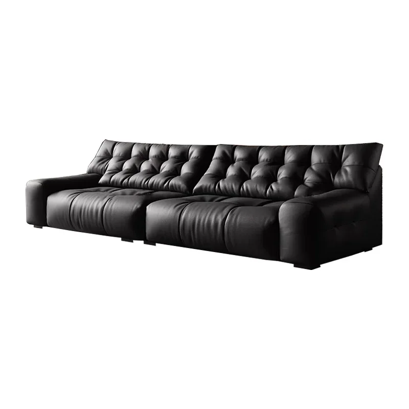 Big black bear sofa, Italian minimalist leather sofa, first-layer cowhide living room, straight row sofa, designer black sofa