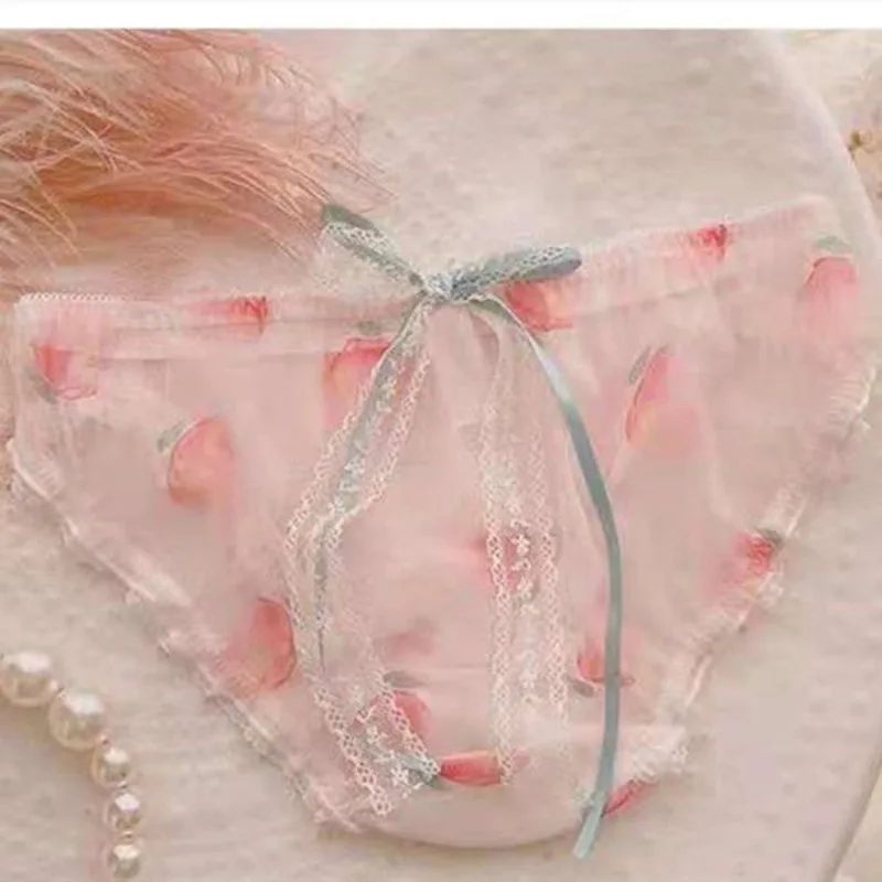 New Peach Japanese Sweet Briefs Girls Sexy Comfortable Mid Waist Underwear Women's Breathable Milk Silk Bow Triangle Panties