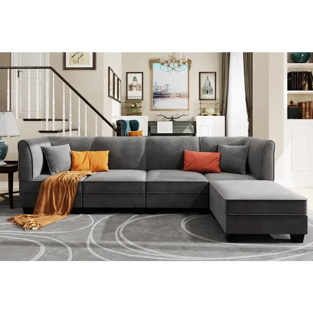 

5 Pieces Sectional Couch Modular Sofa with Reversible Chaise 116" Velvet L-Shaped Couch Sofa 4-seat Modular Large Sect