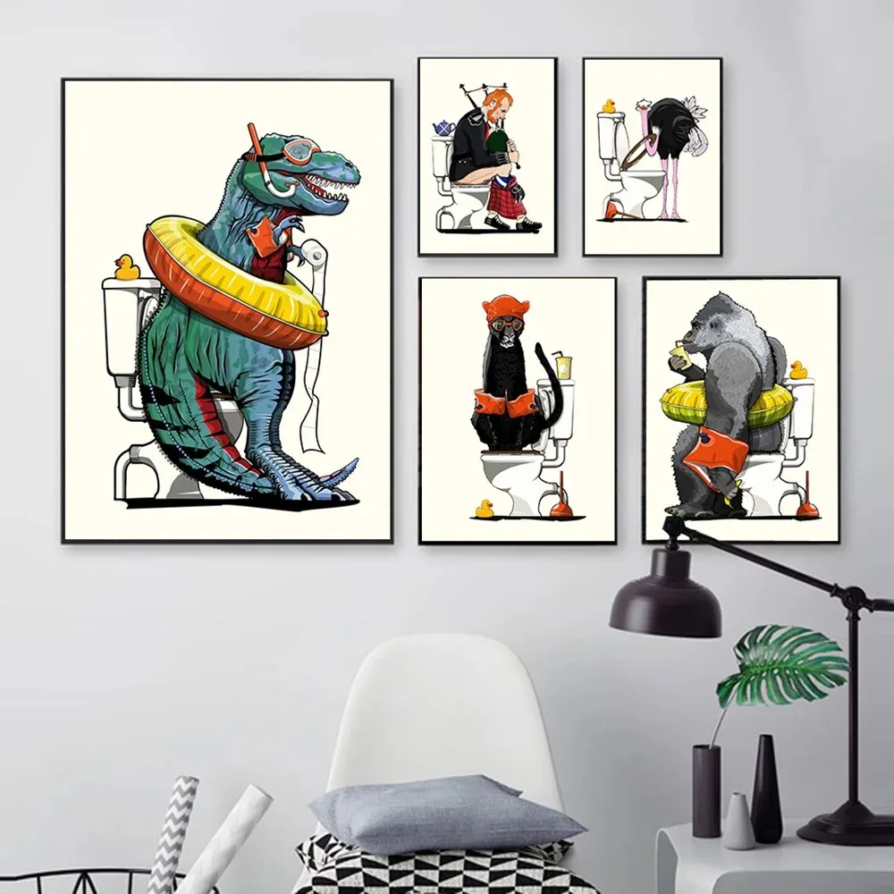 Home Wall Decor Print Tiger Snake Bear Chimpanzee Iguana Black Panther On The Toile Funny Retro Canvas Painting For Bathroom