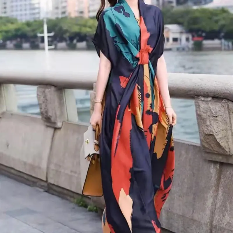 2023 Vintage Contrasting Colors Printed Midi Dress Elegant A-Line Waist Stylish V-Neck Bandage Women\'s Clothing Summer Dresses