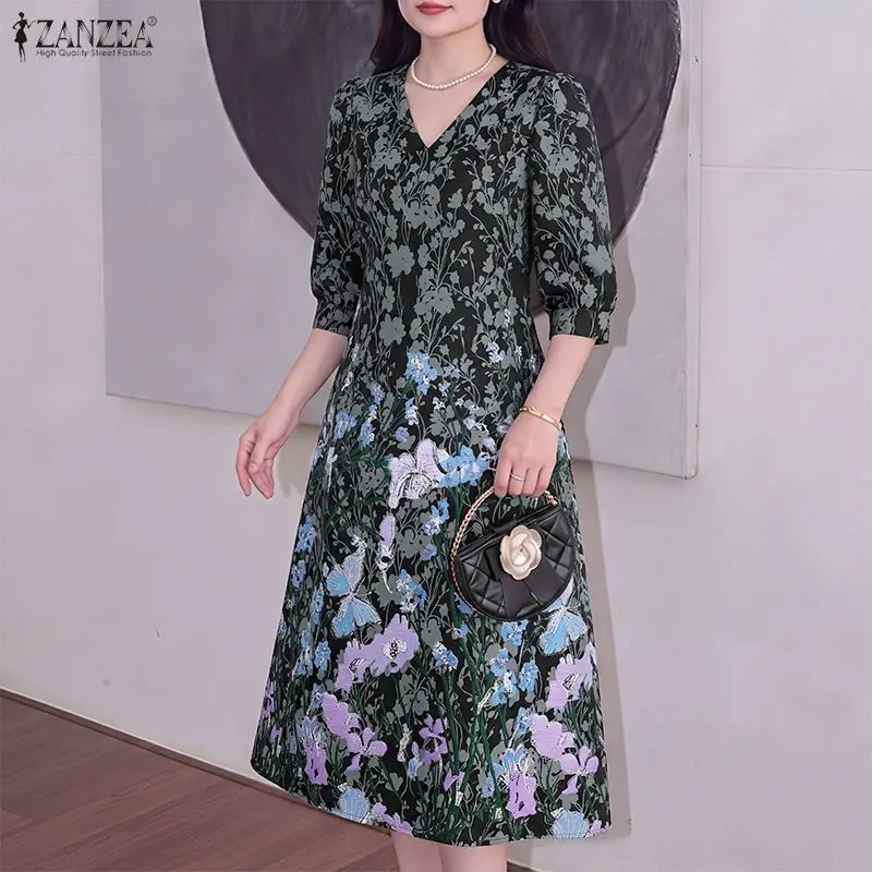 ZANZEA Elegant Floral Print Long Dress Autumn Summer 3/4 Sleeve Sundress Vintage Robe Femme Fashion V Neck Party Vestidos