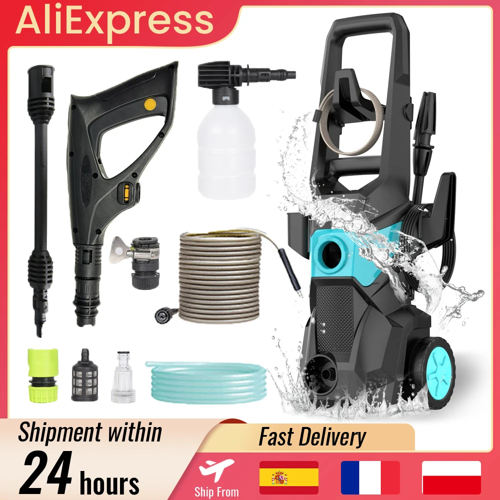 Nettoyeur haute pression électrique 1500W 135 bars 160 °   Pistolet de lavage de voiture à buse réglable, pistolet de nettoyage à eau, pistolet de pulvérisation 220V