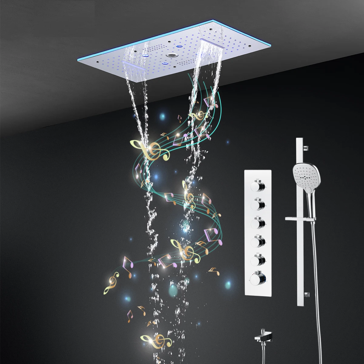 New Design Bathroom Faucet 300*600MM Bluetooth Music Waterfall LED Rain Shower Chrome Ceiling Shower Set With Slide Bar